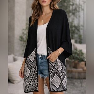 Umgee Black Open Front Cardigan Boho Fringe Crochet Back (1152-1XL-2XL-7)